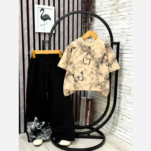لباس دخترانه تیشرت و شلوار مدل پروانه نخ پنبه یکرو لاکرا سایز 50 و 55