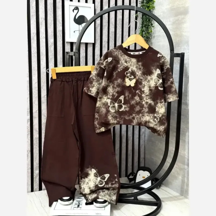 لباس دخترانه تیشرت و شلوار مدل پروانه نخ پنبه یکرو لاکرا سایز 50 و 55