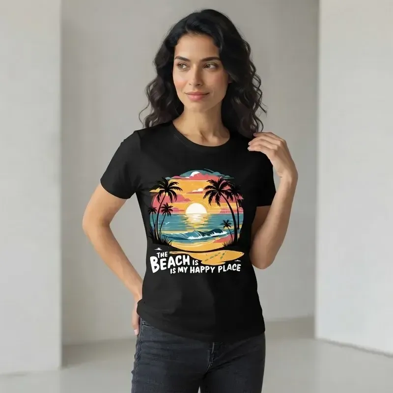 تی شرت آستین کوتاه زنانه پنبه ای طرح منظره مدل BEACH