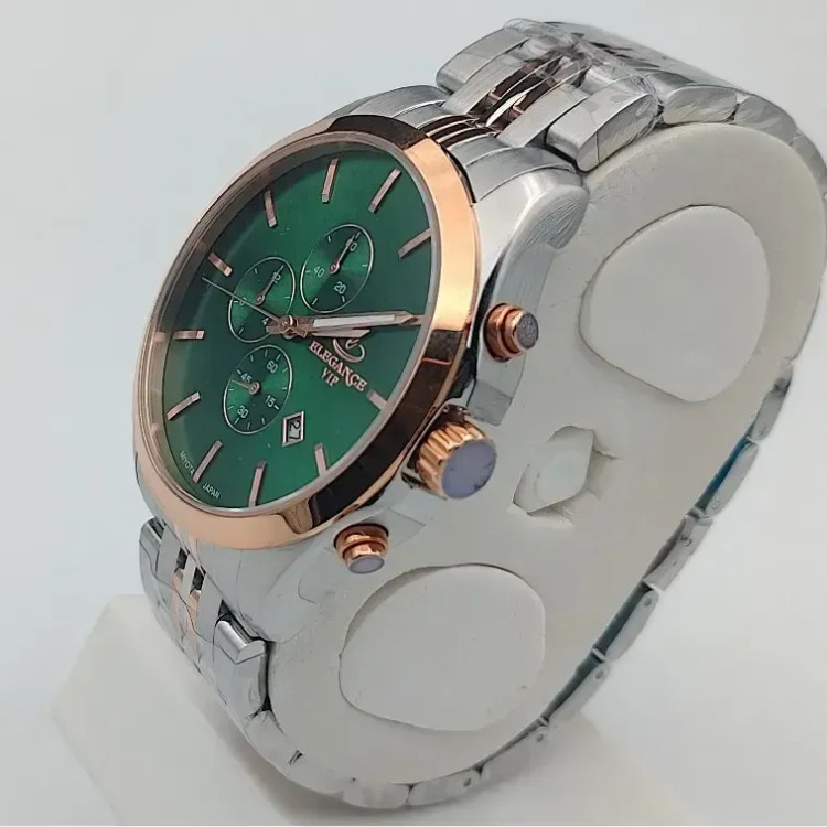 ساعت مردانه الگانس استیل رزگلد صفحه سبز موتور میوتا ژاپن کرنوگراف تقویمدار