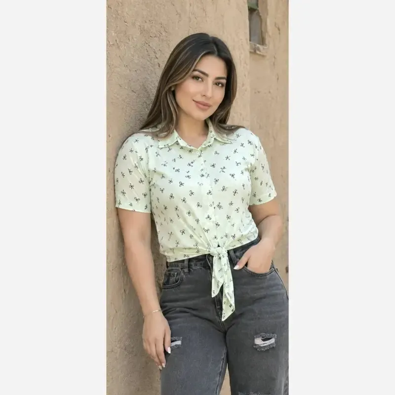 شومیز گره ای چاپی پاپیونی جنس پری صابونی شیشه ای فری سایز