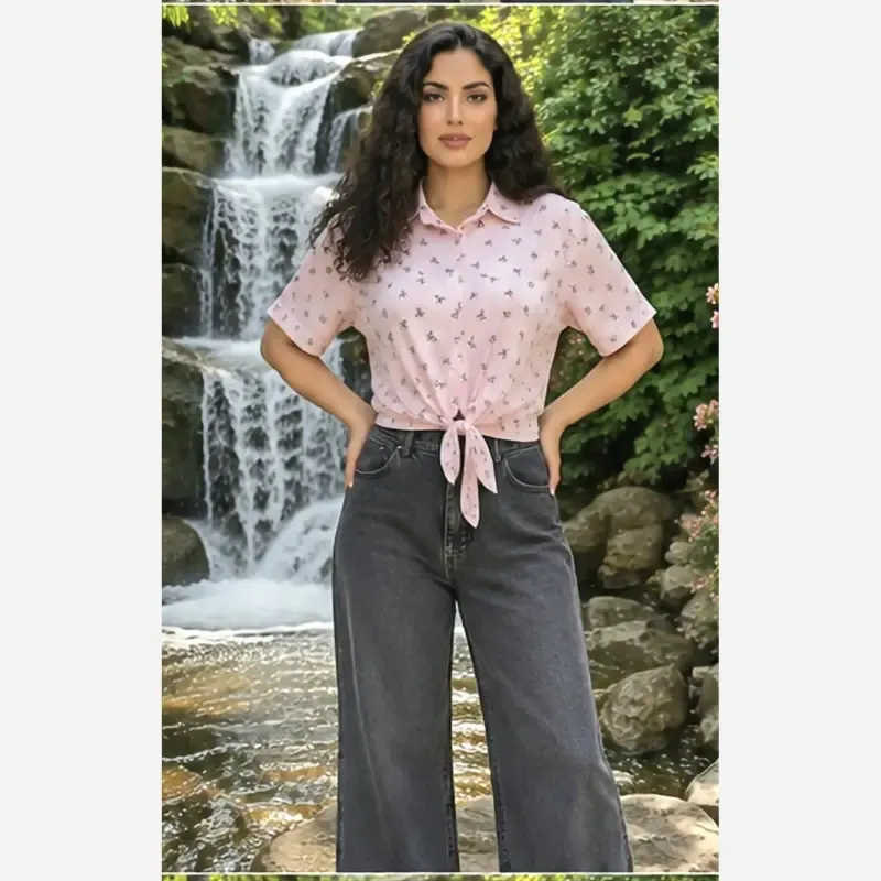 شومیز گره ای چاپی پاپیونی جنس پری صابونی شیشه ای فری سایز
