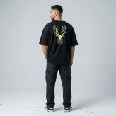 تیشرت مردانه اورسایز طرح گوزن طلایی آستین سهربع یقه گرد