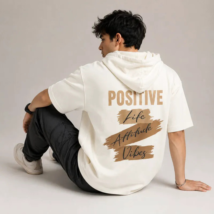 تی شرت مردانه کلاه دار پنبه ای طرح حروف مدل positive