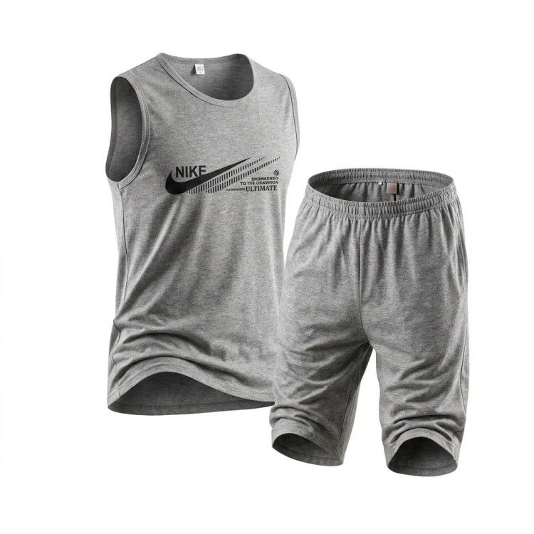 ست تاپ و شلوارک مردانه نخ پنبه و ملانژ طوسی چاپ نایکی تابستانه